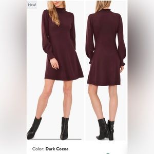 NWT CeCe Mock Neck Long Sleeve Fit & Flare Sweater Dress Dark Cocoa Wine Small